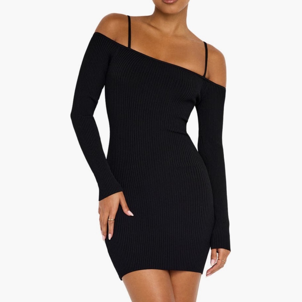 NWT GOOD AMERICAN Black Long Sleeve Ribbed Dress